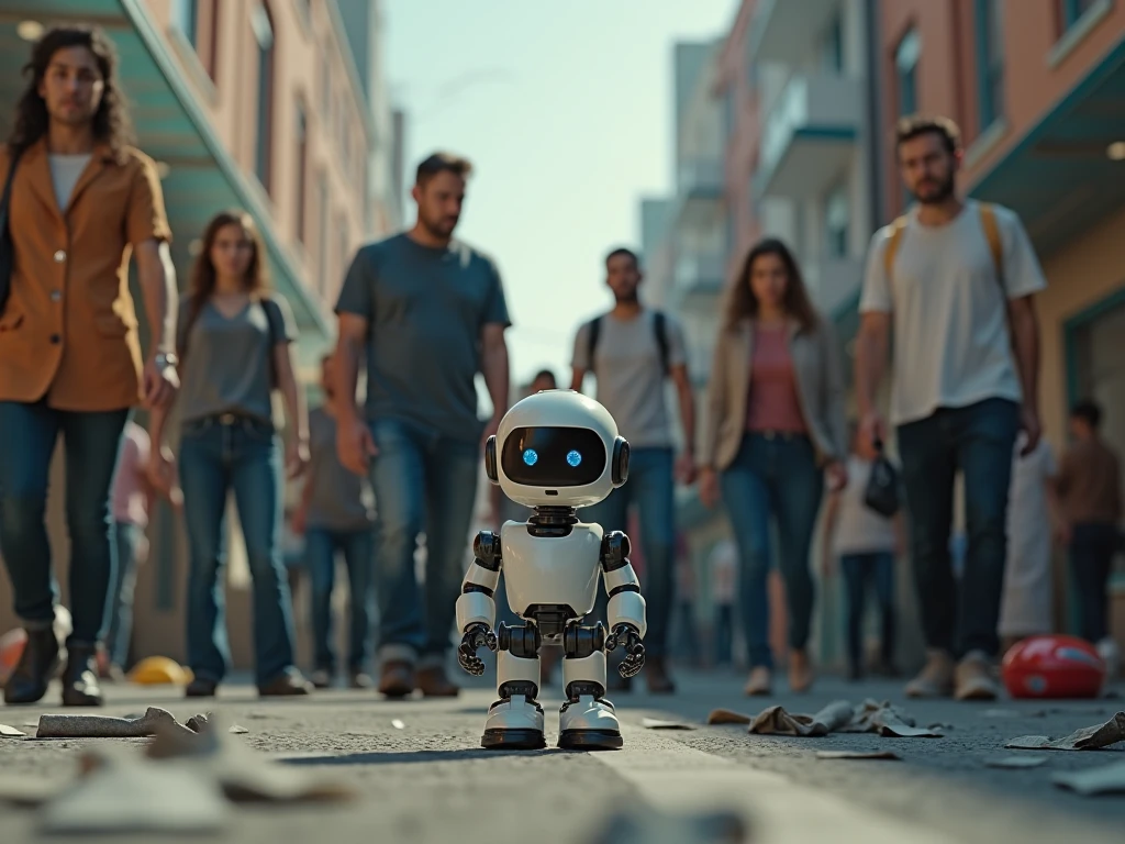 A woman stands in front of a robot