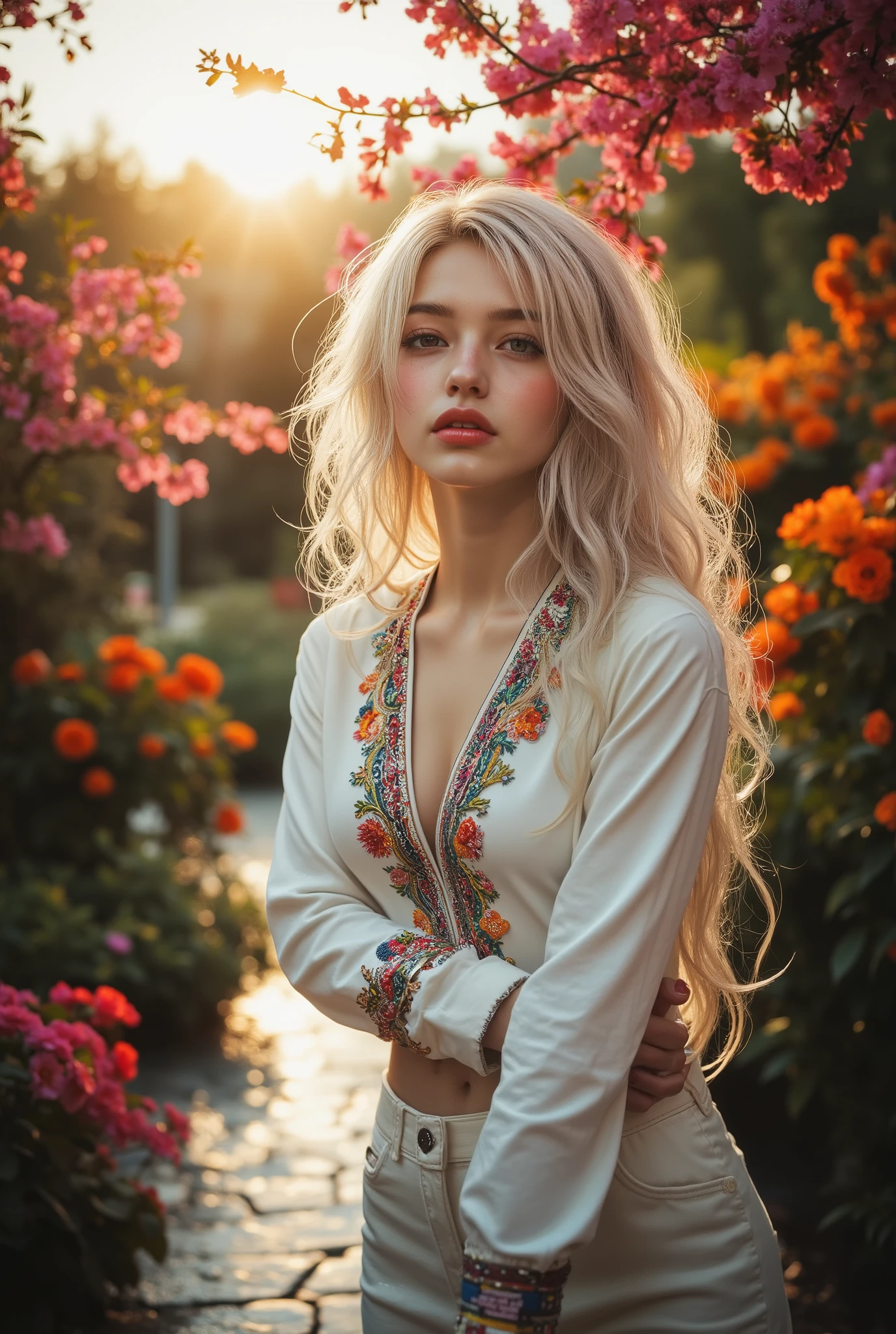  [Style: "masterpiece, realistic, (photorealistic Realism 16K Quality), ultra-detailed, UHD, Hyper high resolution" - "(Hyper quality, intricate ultra-detailed digital art)"] (Key Directive: - ("The priority is the anatomical accuracy and texture of the materials" - "Ultra-sharp human eyes with biological accuracy") {Character: "20-year-old white female" | Face: "symmetrical, pale skin, full lips, red lipstick: 1.15" | Eyes: "brown irises (hyper-detailed pupils:1.2), blue false lashes:1.28" | Hair: "waist-length white curly (setting light reflections: 0.5)" | Pose: "dynamic side position" Outfit: [Top: "white tight long-sleeved top (body-hugging, richly decorated: 0.9)"] [Bottom: "long pants ((low waist, tight, plain))"] Environment: "((photo from head to knee:1.3))" | "garden street at sunset (((rain-slick cobblestones), colorful flowers, cherry blossoms))" | Lighting: - ("Cinematic clarity and global illumination") Technical Specs: (DOF: "shallow, f/1.8, blurred crowd in background") (Post-Processing: "Specifications: (DPF: "deep, f/1.8, distinct garden in the background") (Post-production: "chromatic aberration: 0.7") (Rendering engine: "Unreal Engine 5 path tracing, 16K texture maps") The ultra-Highres,Unreal 5,Subsurface scattering,PBR Texturing,Post-Processing,Anisotropic Filtering,depth of fields,Maximum Sharpness and Sharpness,multi-layered texture,Albedo and Specular maps,Surface Shading,Precise simulation of light-material interactions,perfectly proportions,Octane rendering,Two-tone illumination,Wide Aperture, low ISO, white balance, The rule of thirds }