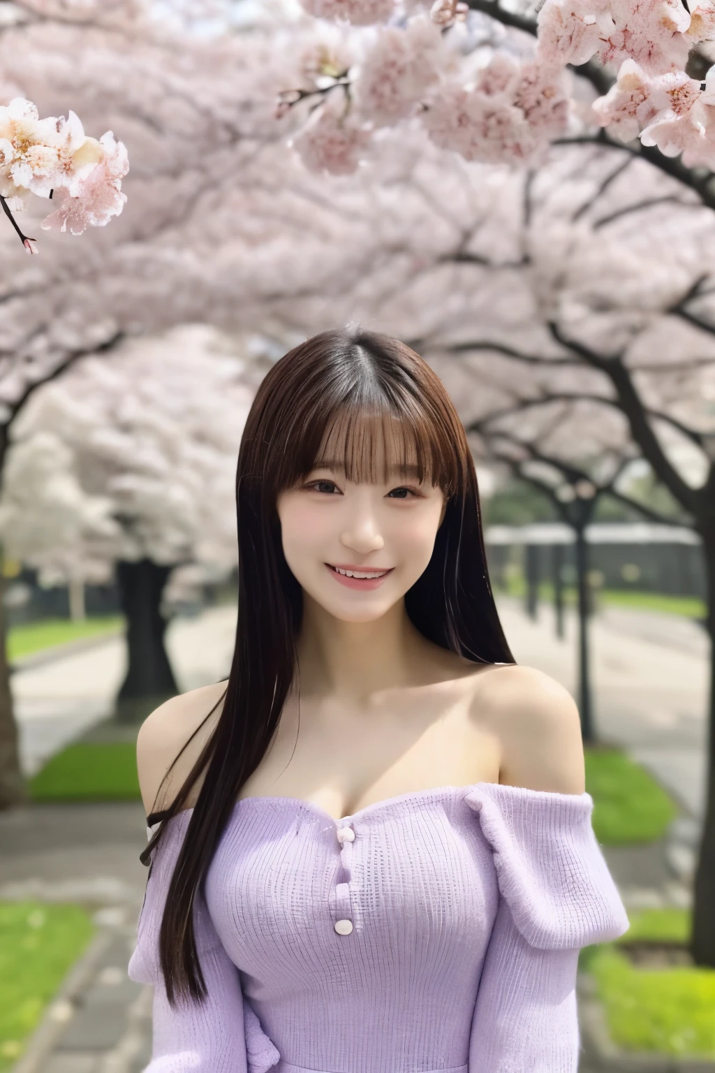 black hair、straight hair that sits on its own、bangs this morning、smile、Big Breasts、Petite Body、open chest purple off-shoulder princess frill mini dress、Standing under a row of cherry blossom trees