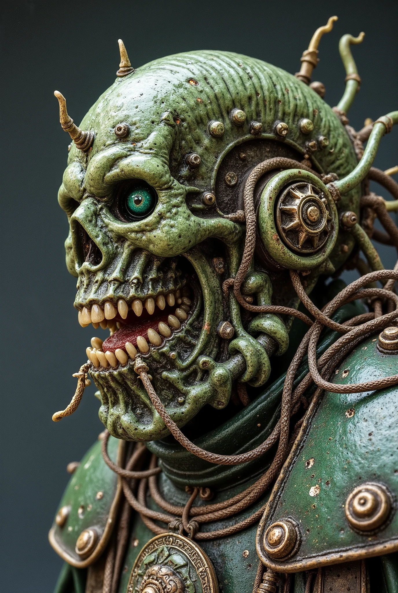 Nurgle plagued man Starmer of Endless Keir, terrible teeth in a terrible jaw, glitched and double exposure and corrupted file, wires and endless braces