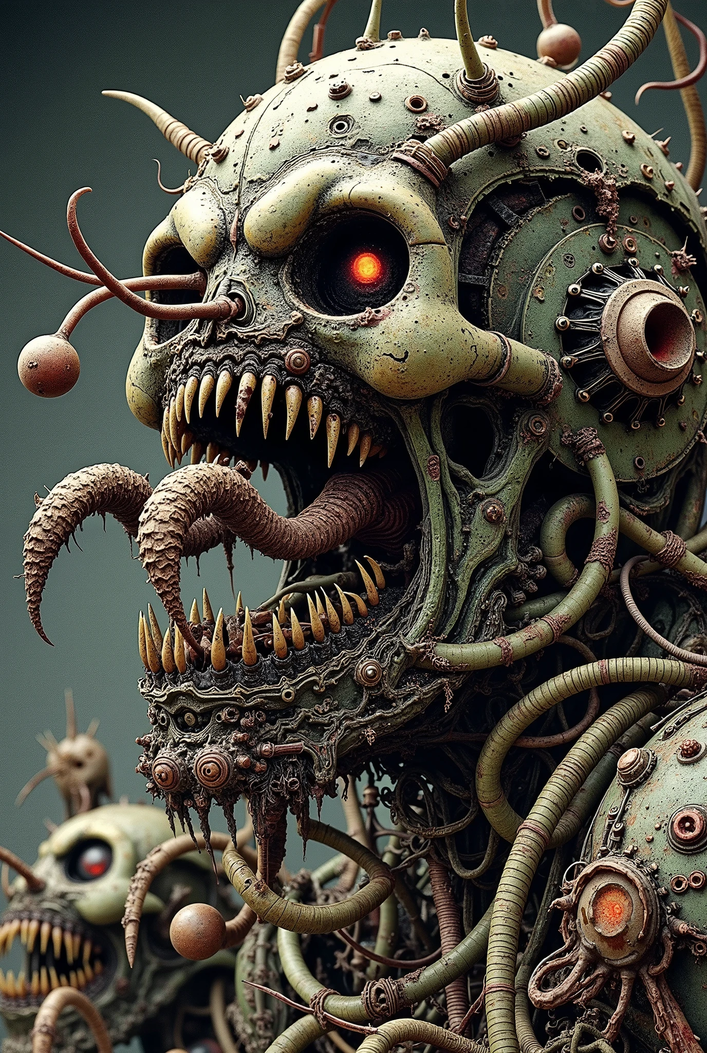 Nurgle plagued Nightmarish Mechanic 😱 , terrible teeth in a terrible jaw, glitched and double exposure and corrupted file, wires and endless braces