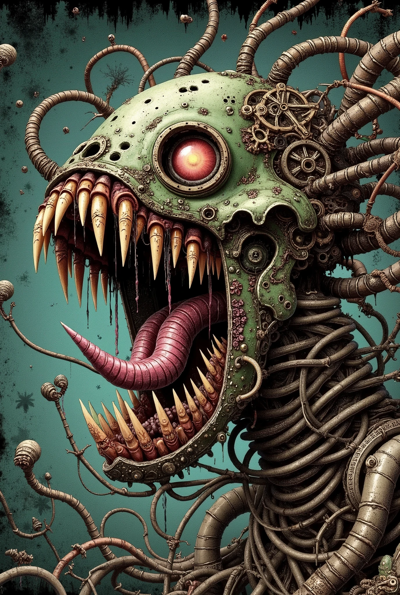 Nurgle plagued Nightmarish Mechanic 😱 , terrible teeth in a terrible jaw, glitched and double exposure and corrupted file, wires and endless braces