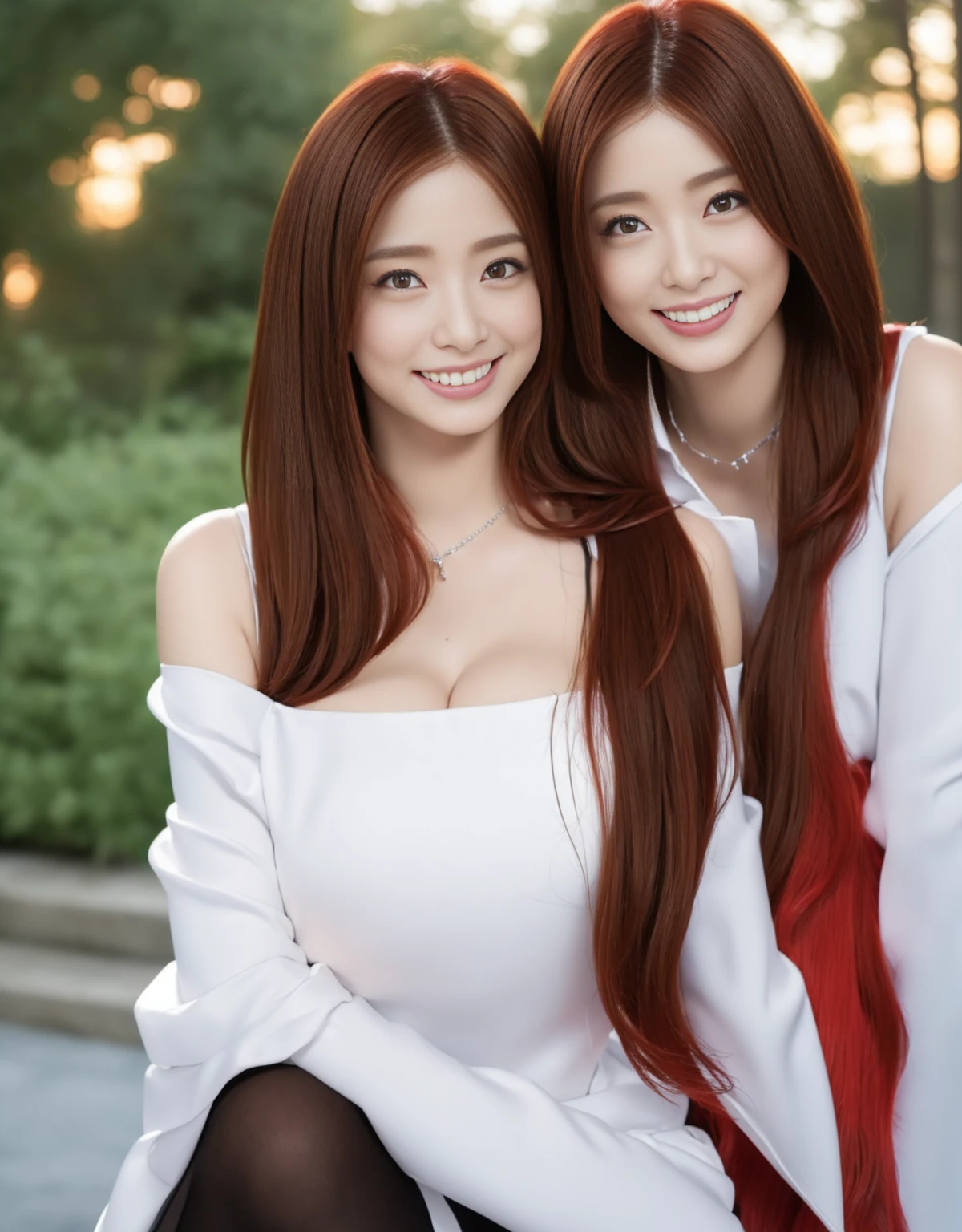 (Two heads), (masterpiece, best quality), best resolution, (2heads:1.5), 1girl, clear face, perfect eyes, (Refreshing smile:1.5),(Look at viewers:1.1）,(Beautiful Japan Woman）,（straight haired, Long hair, Hair fluttering in the wind:1.2), close-up,（high-heels;1.3), detailed clothes, (Perfect female body), (Narrow waist:1.3), (Bust Up Portrait:1.3), Dynamic Pose, Cinematic Light, 135 mm, Fuji Film,