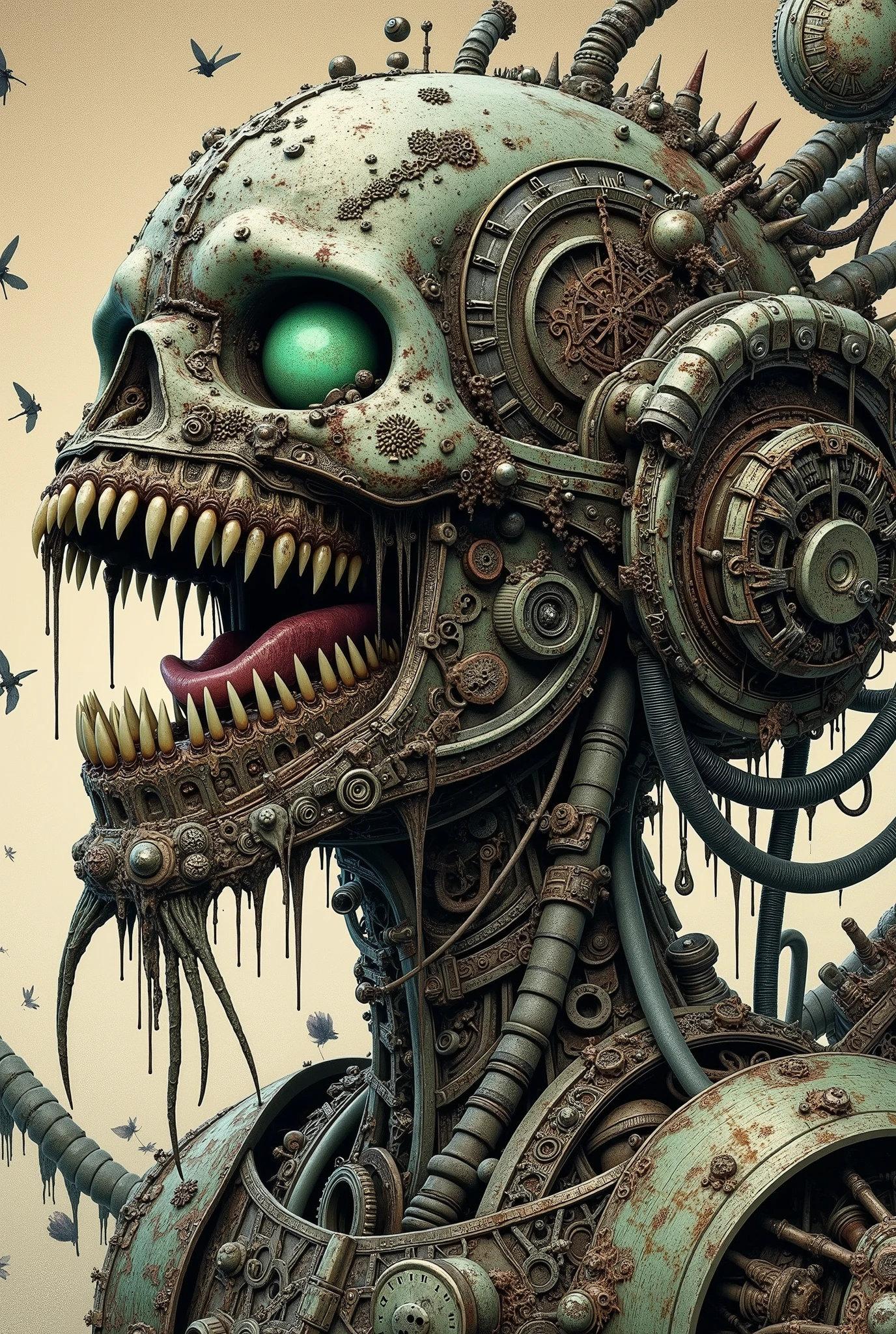 Nurgle plagued Nightmarish Mechanic 😱 , terrible teeth in a terrible jaw, glitched and double exposure and corrupted file, wires and endless braces