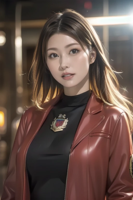 masterpiece、1 beautiful girl、Beautiful Eyes、smile,Puffy eyes、Highest quality, 超High resolution, (reality: 1.4), Cinema Lighting、so beautiful、Beautiful Skin、Body facing forward、Upper Body,Face close-up,(Ultra-realistic)、(High resolution)、(8K)、(Very detailed)、(Beautiful eyes)、(Very detailedな)、 (wall-)、Detailed face、Bright lighting、Professional Lighting、Looking at the audience、Look straight ahead、Diagonal front hair、Perfect cosplay,Highest quality,masterpiece,8k wallpaper,Confused, High resolution, Very detailedな, (One beautiful girl, alone:1.1),Aerith Gainsbourg \(Cosplay\),red_Jacket, necklace,brown_hair,length_hair,bracelet,pink_dress,hair_ribbon,Hands on hips,terrace