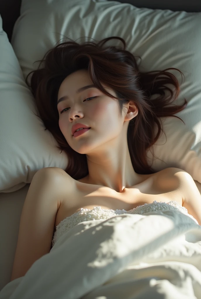 Highest quality, 1 female, Very beautiful face, Ultra-detailed顔, Light brown hair, Layered Short Hair、Natural Bangs, mature, , Realistic, Ultra-detailed, (Glowing Skin:1.4), Dynamic light and shadow, High resolution, Sharp focus), (仰向けにsleep:1.6)、On the bed, Hotel Rooms, (close your eyes:1.4), (sleep), Unconscious, (Drunk), ((View from below)),((Completely naked)),((Her legs are spread wide by the men)),Realistic depiction,masterpiece,Japan female, 34 years old,Spread your legs wide,((A man buries his face in his crotch)),whole body,No makeup
