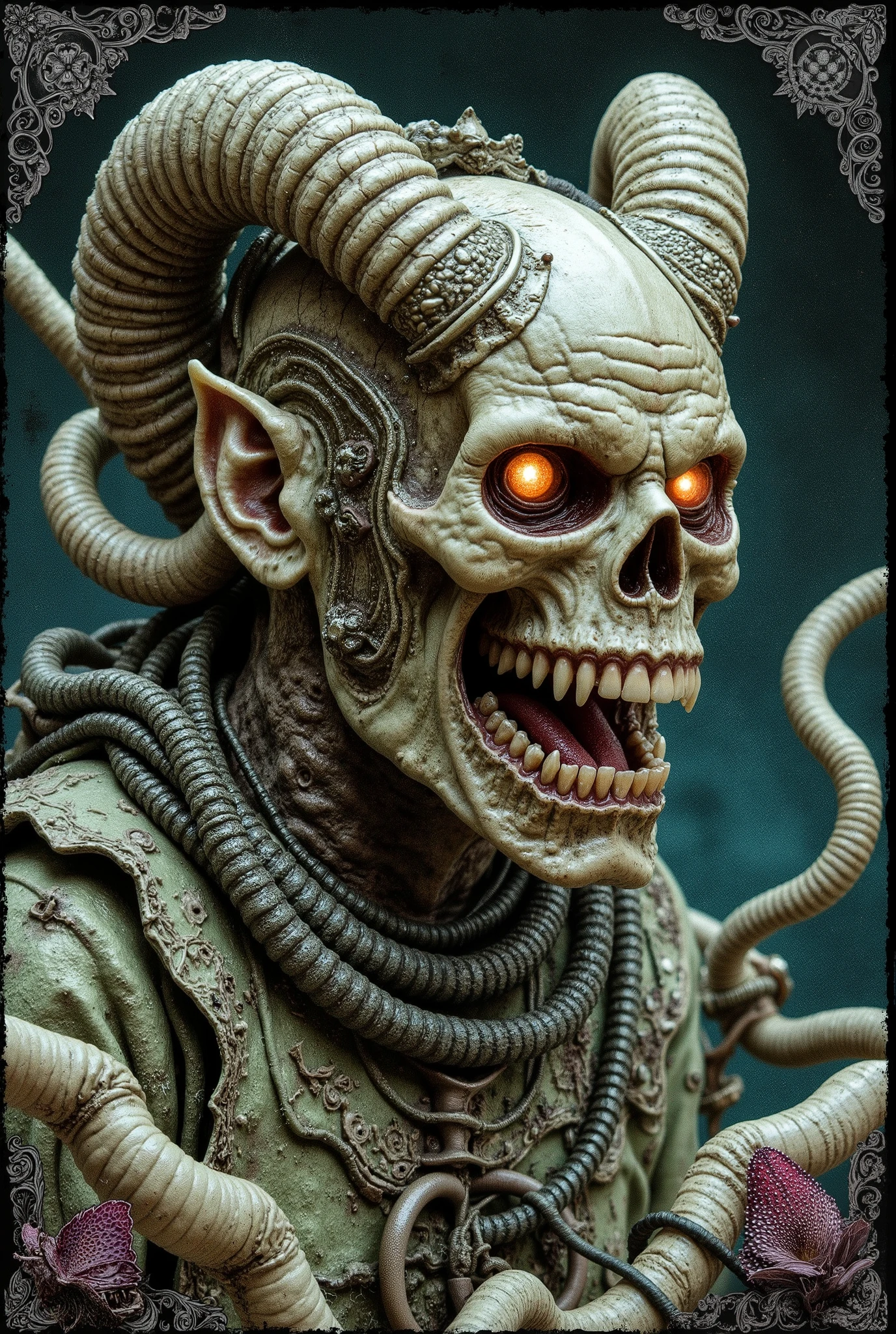 Nurgle plagued man Starmer of Endless Keir, terrible teeth in a terrible jaw, glitched and double exposure and corrupted file, wires and endless braces