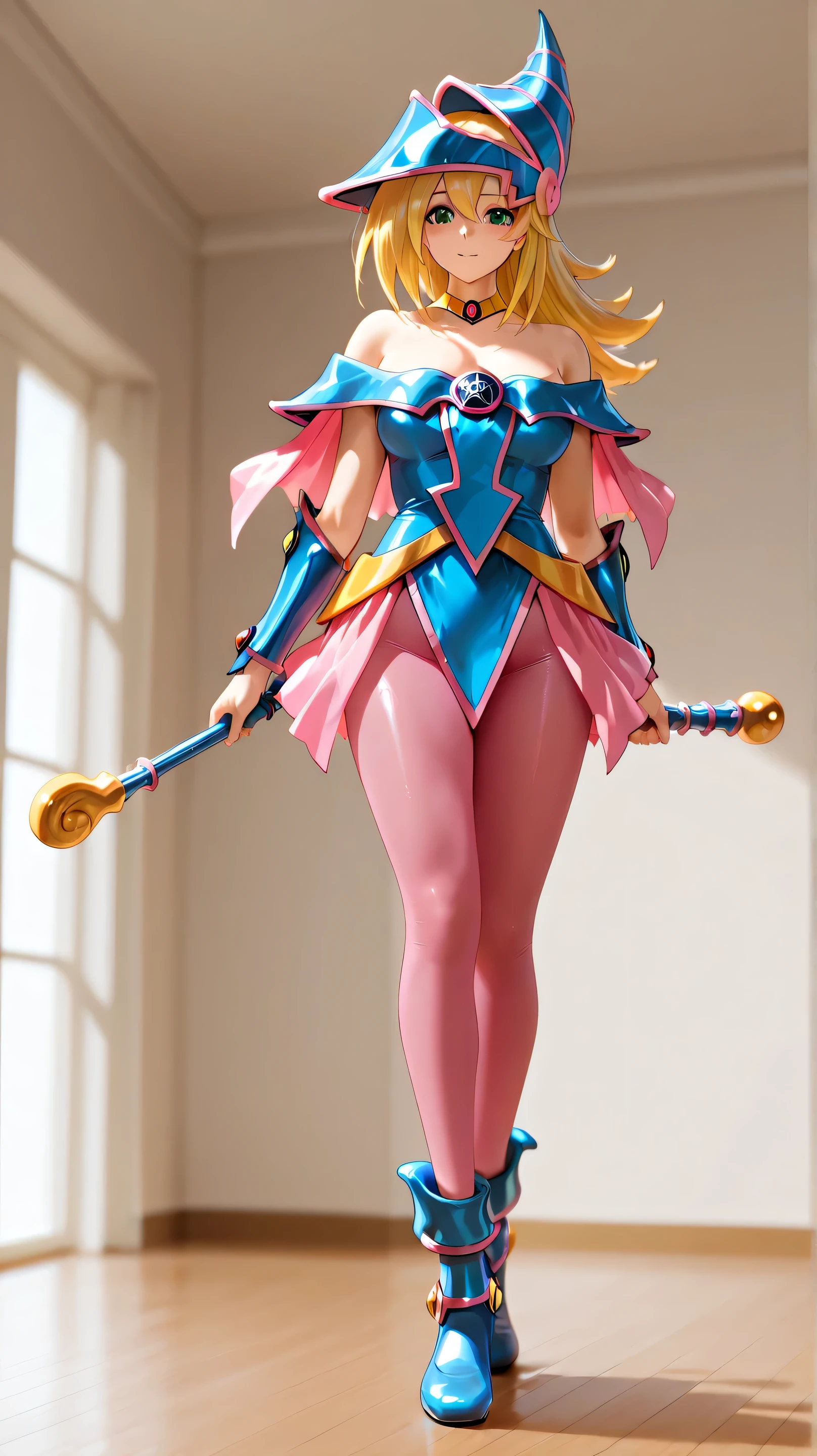 full body:1.0, Dark magician girl, dark magician girl outfit, blue flats shoes with pink bow, shoeplay:1.0, shiny dense pink pantyhose:1.0, long eyelashes, fine fabric emphasis, photorealistic details, perfect face, detailed face, detailed eyes, depth of field, volumetric lighting, masterpiece, ultra-detailed, creative background, nylencased:1.0