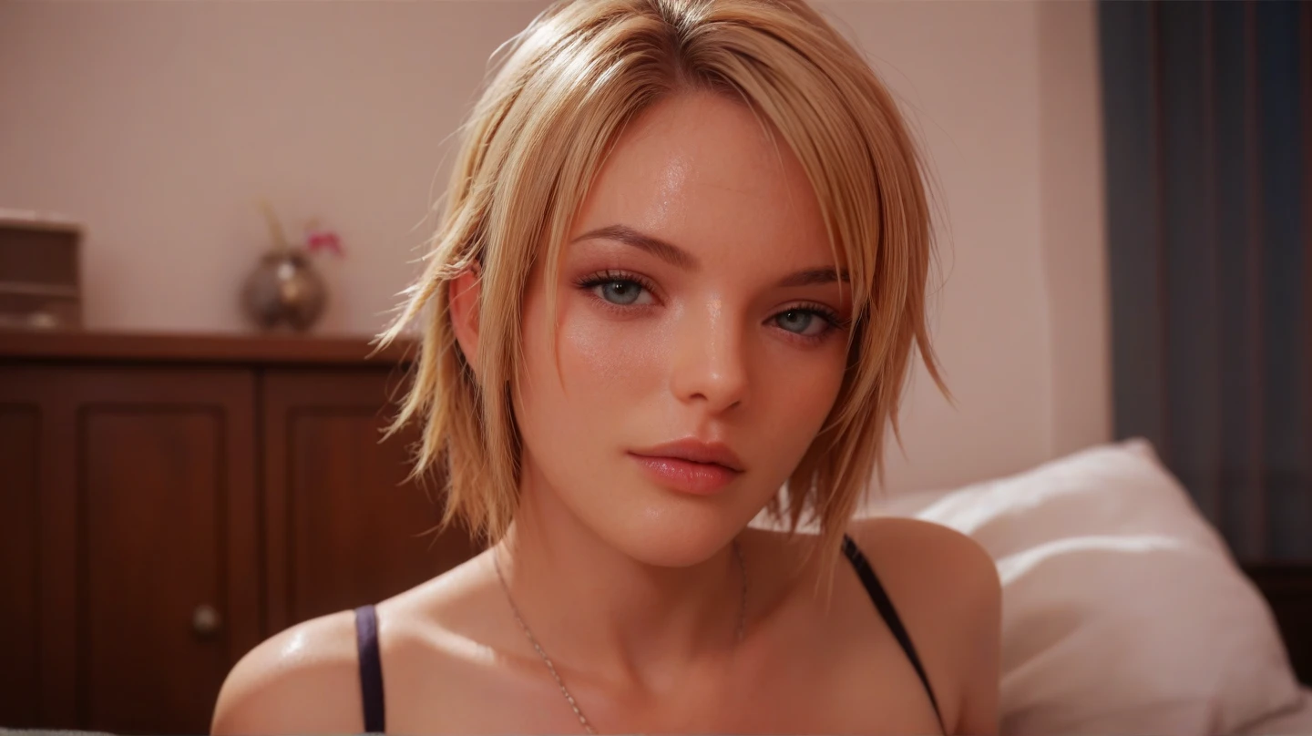 ((((masterpiece, Highest quality, High resolution)))), Extremely detailed 8K, Beautiful girl with a voluptuous body, (Ultra HD, Super detailed, Very detailed, Very realistic, Ultra-realistic, Photo Real), (One girl:1.5), (Realistic white hair), (Short Wavy Hair, hair ornaments, Earrings), (Dynamic pose), To the camera, View your viewers, (blush, Embarrassing, smile), (Purple eyes, Sharp eyes), (Firm breasts:1.2), (Beautifully detailed face, Beautiful attention to detail), ((naked)), (detailed pussy), (Lie face up on the bed:1.3), Sweat, shine, (Sunbeam, sunlight), ((Cowboy Shot)), Bedroom, Fascinating