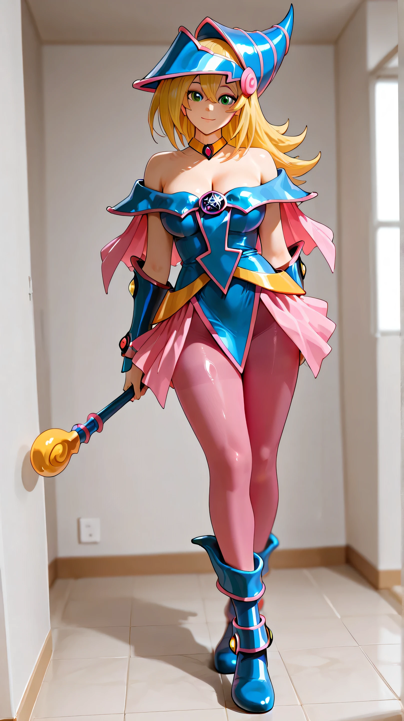 full body:1.0, Dark magician girl, dark magician girl outfit, nylencased:1.0, pantyhose encased, pantyhose encasement, shiny dense pink pantyhose:1.0, long eyelashes, fine fabric emphasis, photorealistic details, perfect face, detailed face, detailed eyes, depth of field, volumetric lighting, masterpiece, ultra-detailed, creative background,