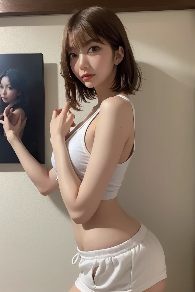 Bob hair, single girl, fair skin, model, big night view, indoors, on bed, seduction, underwear, sexy pose, looking back, ass, from below