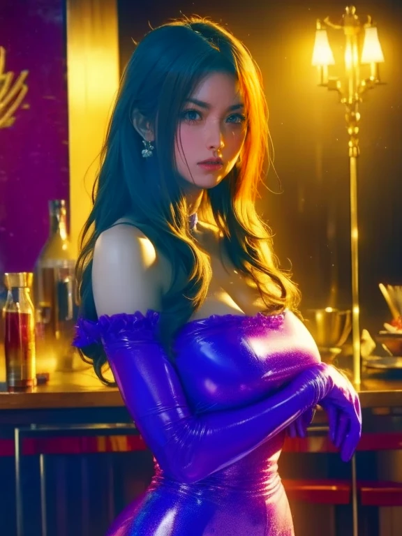 (8K)、(Raw photography)、top-quality、​masterpiece:1.3)、(realisitic、photoRealstic:1.37)、(((hight resolution)))、(((ighly detailed)))、((sharpnes))、ciinematic light、
At the bar at night、One woman dressed in purple、