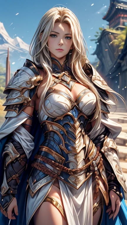 photorealistic, high resolution, soft lights, 1women, solo, hips up, blue eyes, full armor, red armor, cloak