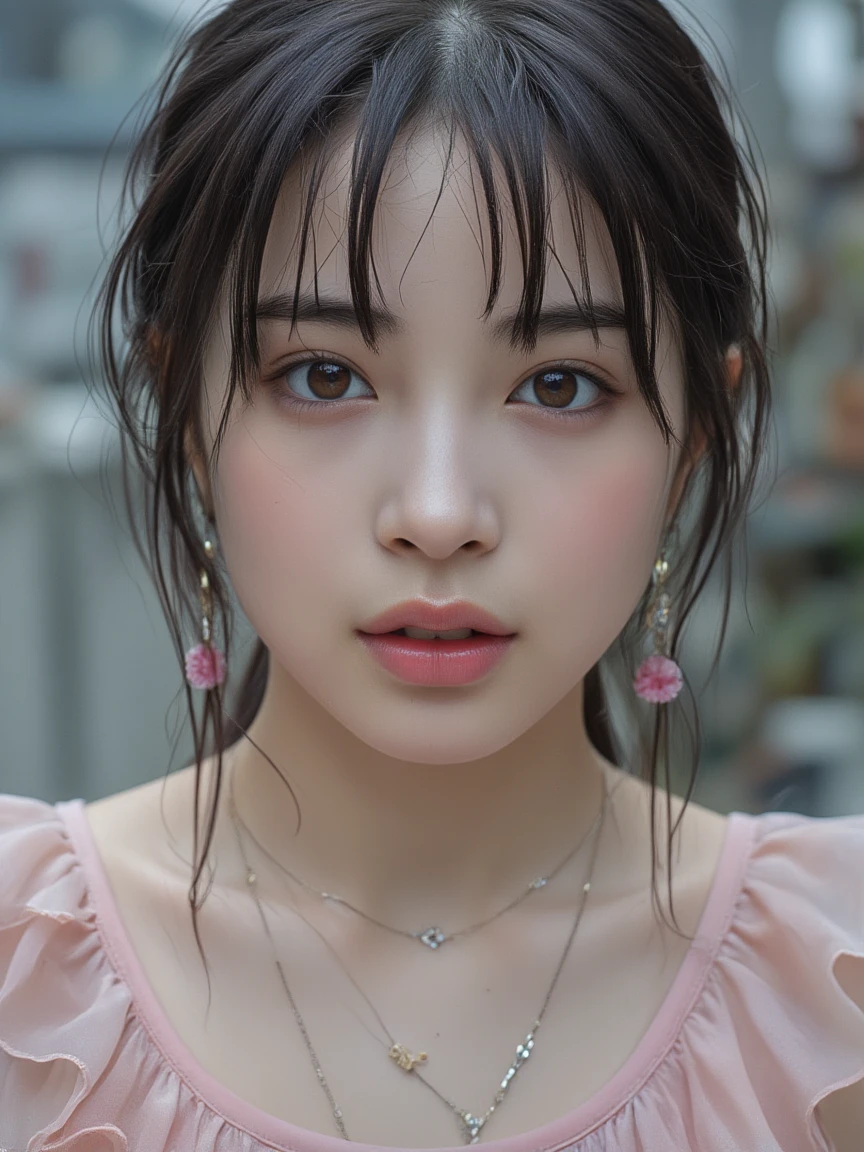 real, RAW photo, extremely delicate and beautiful, masterpiece, Best Quality, ultra high resolution, 32k, hyperrealistic, ultra-detailed, in her 20s, delicate facial features, tearful mole, earring, big breasts, closeup shot, shorter middle hair, black hair, short pencil skirt, black shirt, collared dress shirt, sleeveless, topless, best quality, ultra high res, (photorealistic:1.4), pretty girl, tanktop black shirt, black tight skirt, black choker, (faded ash gray hair:1), medium breasts, looking at viewer, closeup, (pretty face) , southeast asia girl, (RAW photo, best quality,high quality,highres), (realistic, photo-realistic), ultra-detailed,(front lighting) 