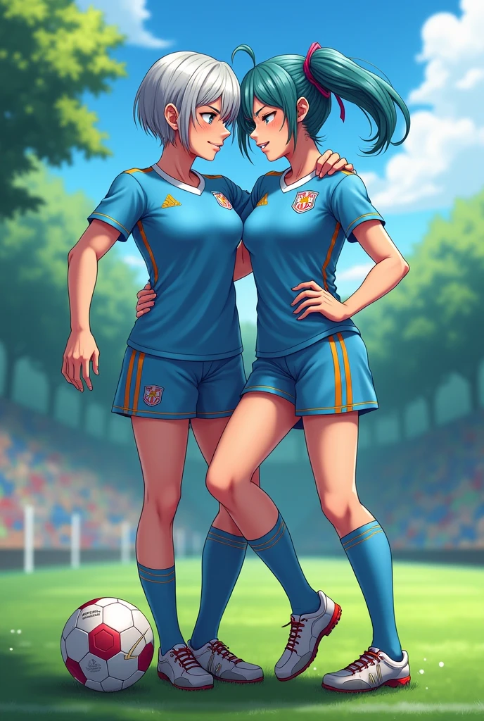 soccer player, 6 women, Spain women, red uniform, Brazil women's female player, yellow uniform, short hair, muscular, leg muscles, big breasts, big, big ass, big ass, blue sky, lawn