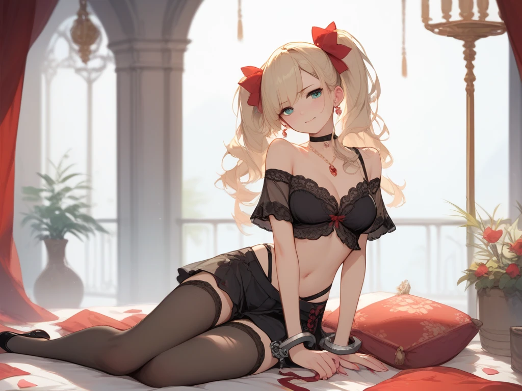 Best Quality,High resolution,8K,finelity detailed background,Masterpiece:1.2),beautiful girl,Shiny khaki hair,crossed bangs,Khaki Eyes,Gentle look,A refreshing look,smile,Best quality,Best Quality,Aesthetic and aesthetic:1.2,Best details((Super detailed))(High-definition CG illustrations),Upper Body, Red underwear,(red intricate lace),Slender body,night,moon,Bedroom,On the bed,smile,blush,cute,Scrounge,Looking up,Being spoiled,super model,wariza,shoot from,below