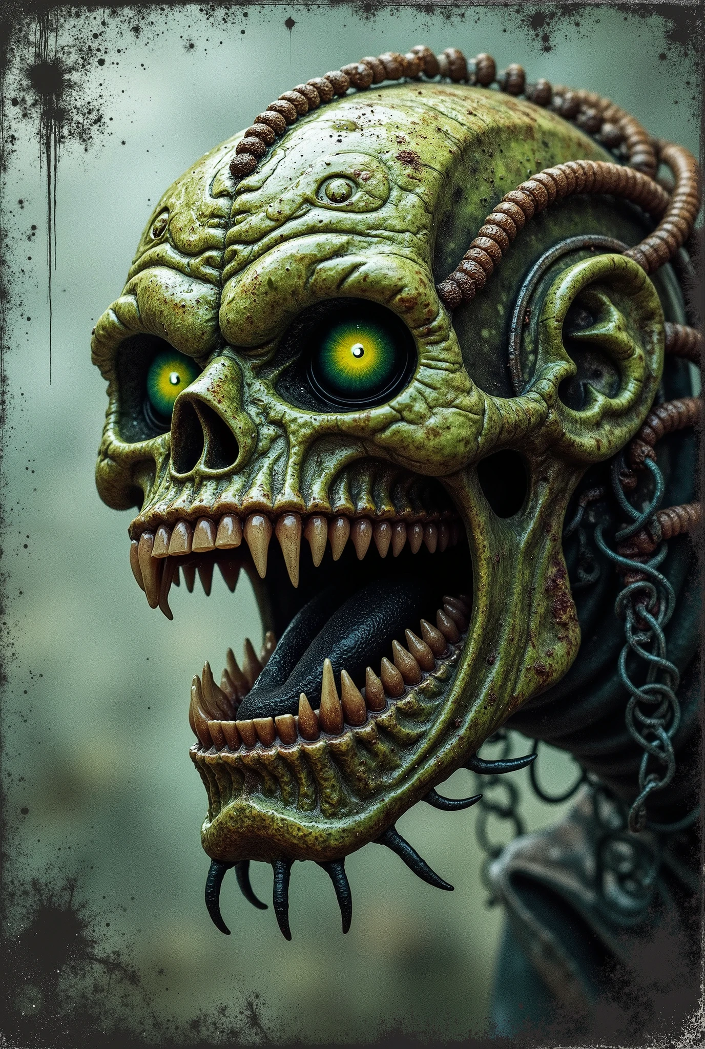 Nurgle plagued man Starmer of Endless Keir, terrible teeth in a terrible jaw, glitched and double exposure and corrupted file, wires and endless braces