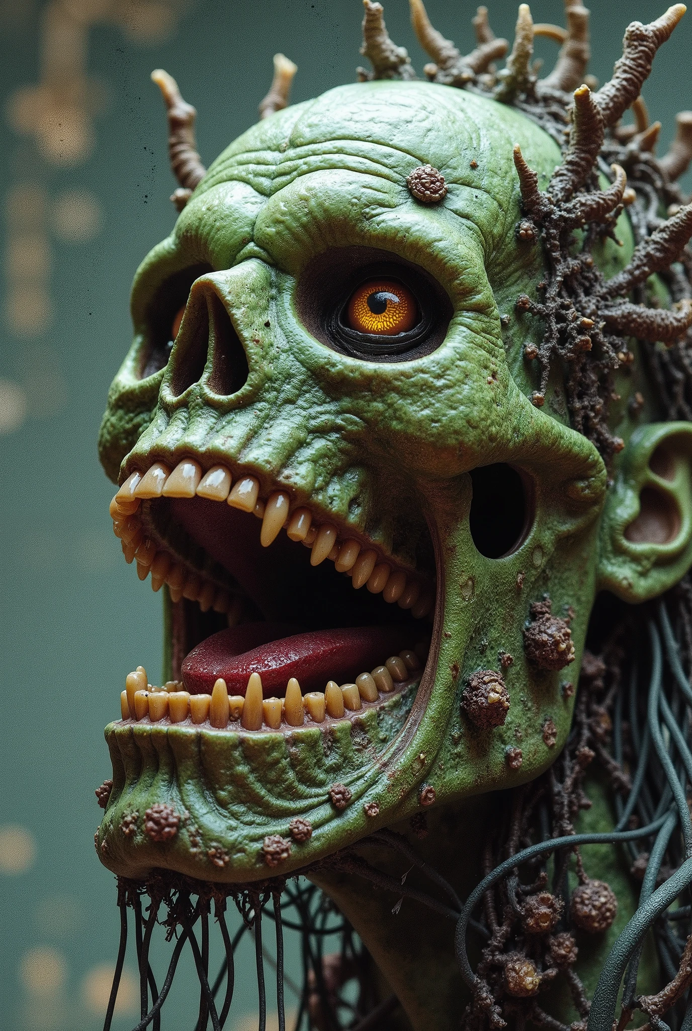 Nurgle plagued man Starmer of Endless Keir, terrible teeth in a terrible jaw, glitched and double exposure and corrupted file, wires and endless braces