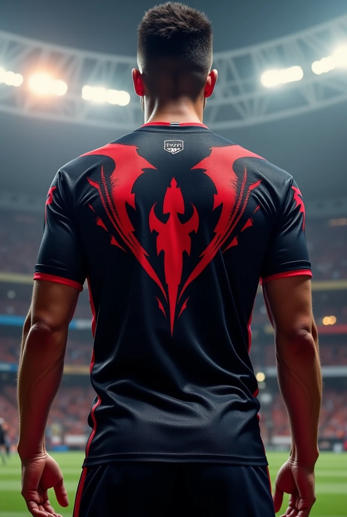 A person wearing an Esports jersey, back with the lettering: DEVIL, is wearing