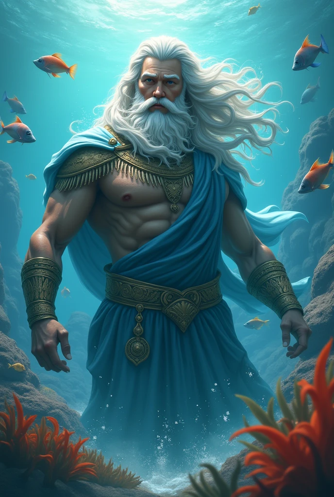 Once upon a time, in an undersea kingdom called Atlantis, reigned a powerful and imposing monarch known as Poseidon, the King of the Seas. With his majestic white beard and coral crown, he ruled with wisdom and justice over all marine beings. Posidom was known for his charisma and special abilities. In addition to being able to control the waters and creatures of the ocean, he possessed a melodious voice capable of calming the most violent storms. His kindness and compassion extended to all the inhabitants of the kingdom, from the small colorful fish to the immense sea giants. with the highest quality and details. Best quality, masterpiece, ultra high res, (photorealistic: 1.4), raw photo, sharp focus, HDR, detailed skin.on top of a seahorse in position of a battle,posidom with the face of brave