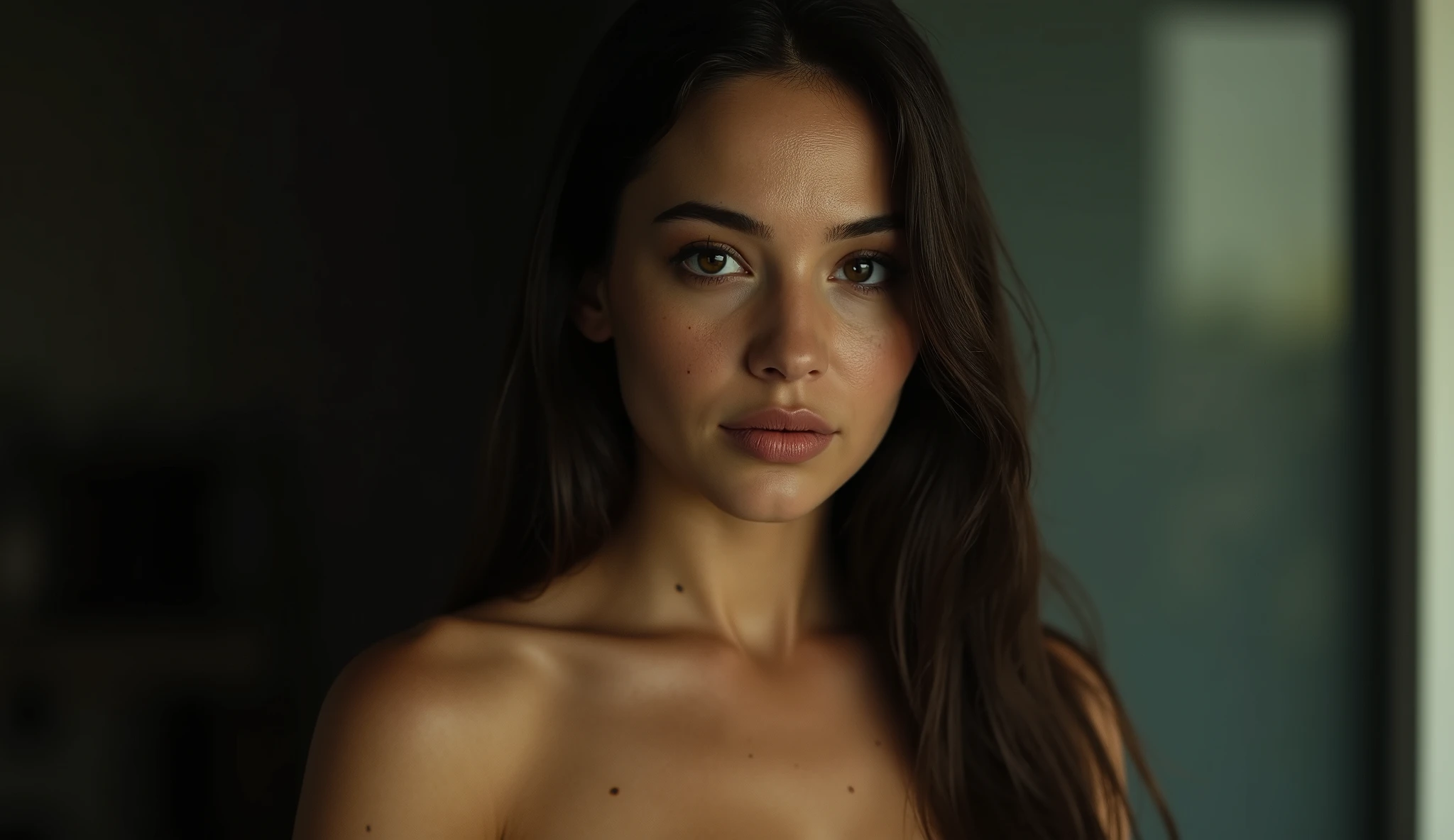 matching large expressive eyes, age 20, 44dd breasts, hyperrealistic detailed portrait, young woman, looking directly at camera, serious expression, cinematic lighting, dramatic shadows, detailed skin texture, intricate makeup, long flowing hair, graceful posture, 8k, masterpiece, photorealistic, hyper detailed, cinematic dramatic lighting, dramatic contrast, vivid colors, cinematic sci-fi aesthetic