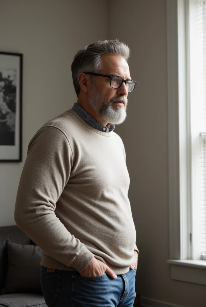 Realistic 8K image of a 60-year-old man, German features, thinning white hair, dressed in a beige sweater, standing in a living room at night, angry expression