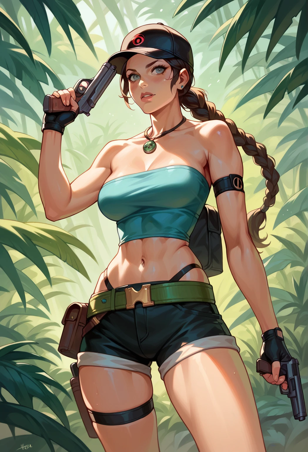 (best quality, masterpiece1.2), (detailed eye:1.2), complex detail, depth of field, 1girl, jungle, crop top, sweat, brown hair, exploration, good proportion, curvy, night, moon, backpack, (tomb raider: 1.2), (Lara Croft: 1.2), gun strap to leg, action, dynamic, (big fire), Bullets flying, temple, cameltoe, tight tank top