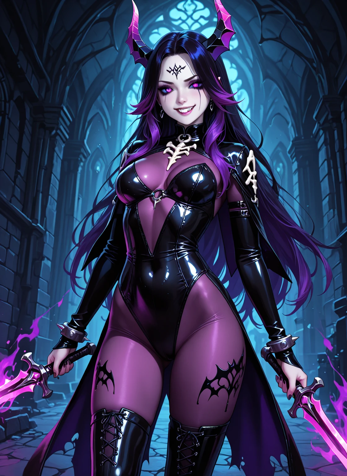 Esoteric arachnids lady, Spider Queen Elise, League of Legends, Esoteric arachnids, Combat Stance, ( body formed from metallic mauveine and metallic black liquid metallic paint twisting into a beautiful interpretation of the female figure), length, Sharp Fangs, nature, ((Complex metallic colors in the foreground)), (( Fluid Mechanics, The most beautiful smooth scale face makeup, Smirking expression)) - Dark blood, Onyxia、Noir painting of a beautiful young witch, length purple hair, dark purple lips, evil, evil female, smile, Black Prom Dress, She is coming to you, close, Bright Blue Eyes, Surrounded by swirling pink smoke, Genuine, High detail, Highest quality、A beastly demon wields a vicious Blade, Blood Chain, Behemoth Bones, Snake-like tentacles, Cruel Teeth, Expressions of madness, Oppressive Dungeon. 8K Vision Reveals Fear, Ultra HD detail makes monsters stand out, Grotesque shadows dance, The creature whispers, Stifling atmosphere, Vision problems, Visible Madness. Blade, A flash of evil intent shines, reflect (Light) Beyond the Darkness, Elucidate (Sharp details) and、Add a dizzying dimension to the impending chaos.