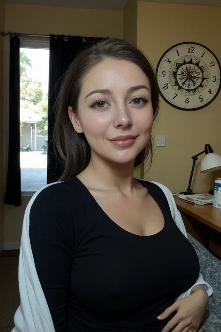 uma mulher no escritorio realista, 27 anos, sorrindo, e com com roupa verde