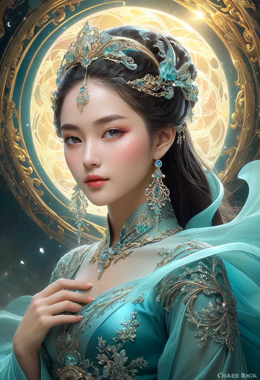 *8K masterpiece, Highest quality, Highest quality, Official Art, (Beauty and aesthetics: 1.3), Very detailed, (Fractal Art: 1.3), (She is half French and half Japanese, and is a stunning beauty with detailed eyes and a high nose:1.1), thick eyebrows, colorful, Ice and Chinese dragon, Serpentine, nail, cyan and 1 Woman, Hanwomen's Media, Hanfu, detailed facial features, long graceful neck, flowing locks of hair, poised and elegant posture, soft and delicate lighting, dreamy atmosphere, Surrealism, mystical aura, Charlie Bowater,