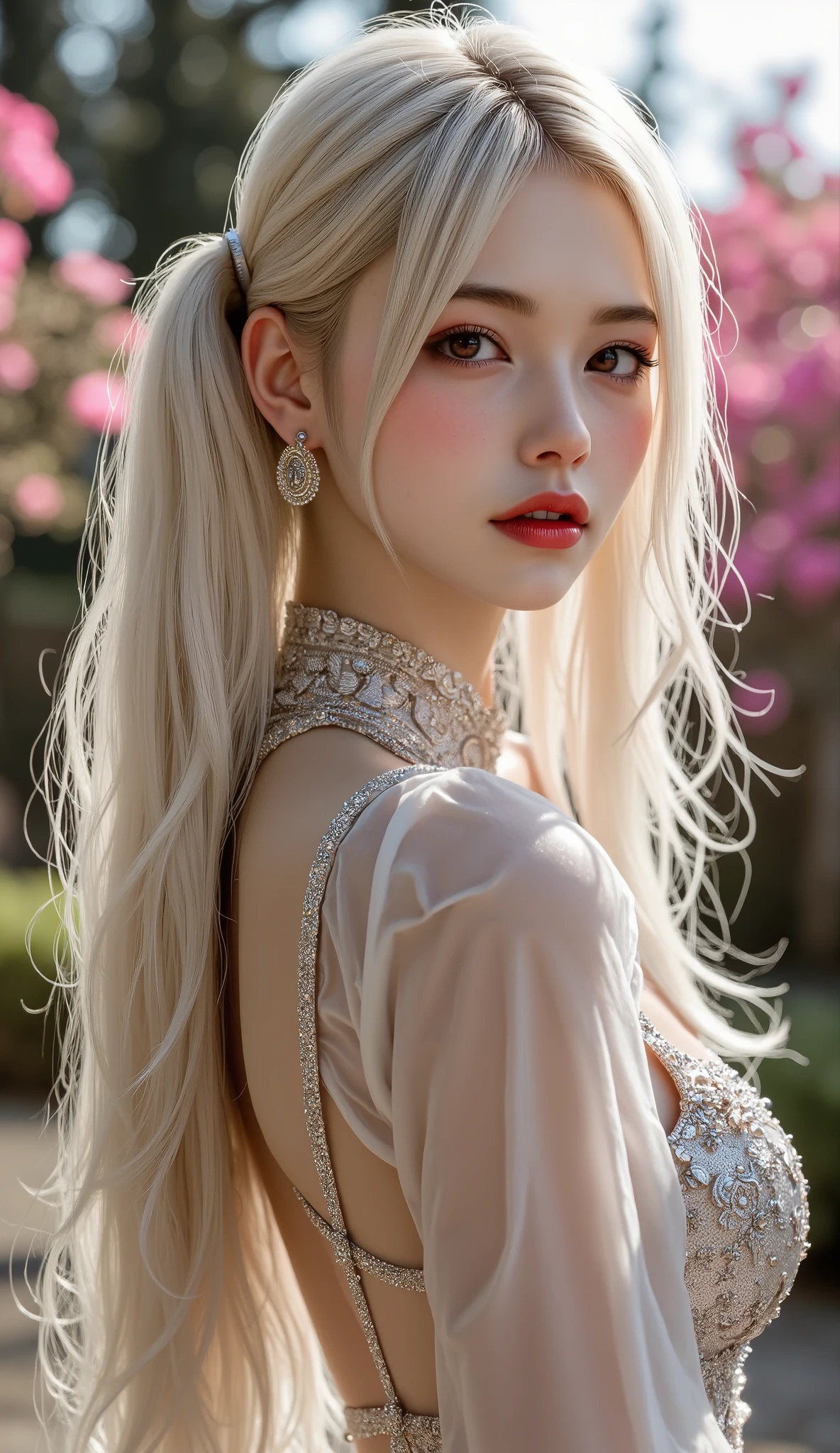  [Style: "masterpiece, realistic, (photorealistic Realism 16K Quality), ultra-detailed, UHD, Hyper high resolution" - "(Hyper quality, intricate ultra-detailed digital art)"] (Key Directive: - ("The priority is the anatomical accuracy and texture of the materials" - "Ultra-sharp human eyes with biological accuracy") {Character: "20-year-old white female" | Face: "symmetrical, pale skin, full lips, red lipstick: 1.15" | Eyes: "brown irises (hyper-detailed pupils:1.2), blue false lashes:1.28" | Hair: "waist-length white curly (setting light reflections: 0.5)" | Pose: "dynamic side position" Outfit: [Top: "white tight long-sleeved top (body-hugging, richly decorated: 0.9)"] [Bottom: "long pants ((low waist, tight, plain))"] Environment: "((photo from head to knee:1.3))" | "garden street at sunset (((rain-slick cobblestones), colorful flowers, cherry blossoms))" | Lighting: - ("Cinematic clarity and global illumination") Technical Specs: (DOF: "shallow, f/1.8, blurred crowd in background") (Post-Processing: "Specifications: (DPF: "deep, f/1.8, distinct garden in the background") (Post-production: "chromatic aberration: 0.7") (Rendering engine: "Unreal Engine 5 path tracing, 16K texture maps") The ultra-Highres,Unreal 5,Subsurface scattering,PBR Texturing,Post-Processing,Anisotropic Filtering,depth of fields,Maximum Sharpness and Sharpness,multi-layered texture,Albedo and Specular maps,Surface Shading,Precise simulation of light-material interactions,perfectly proportions,Octane rendering,Two-tone illumination,Wide Aperture, low ISO, white balance, The rule of thirds }