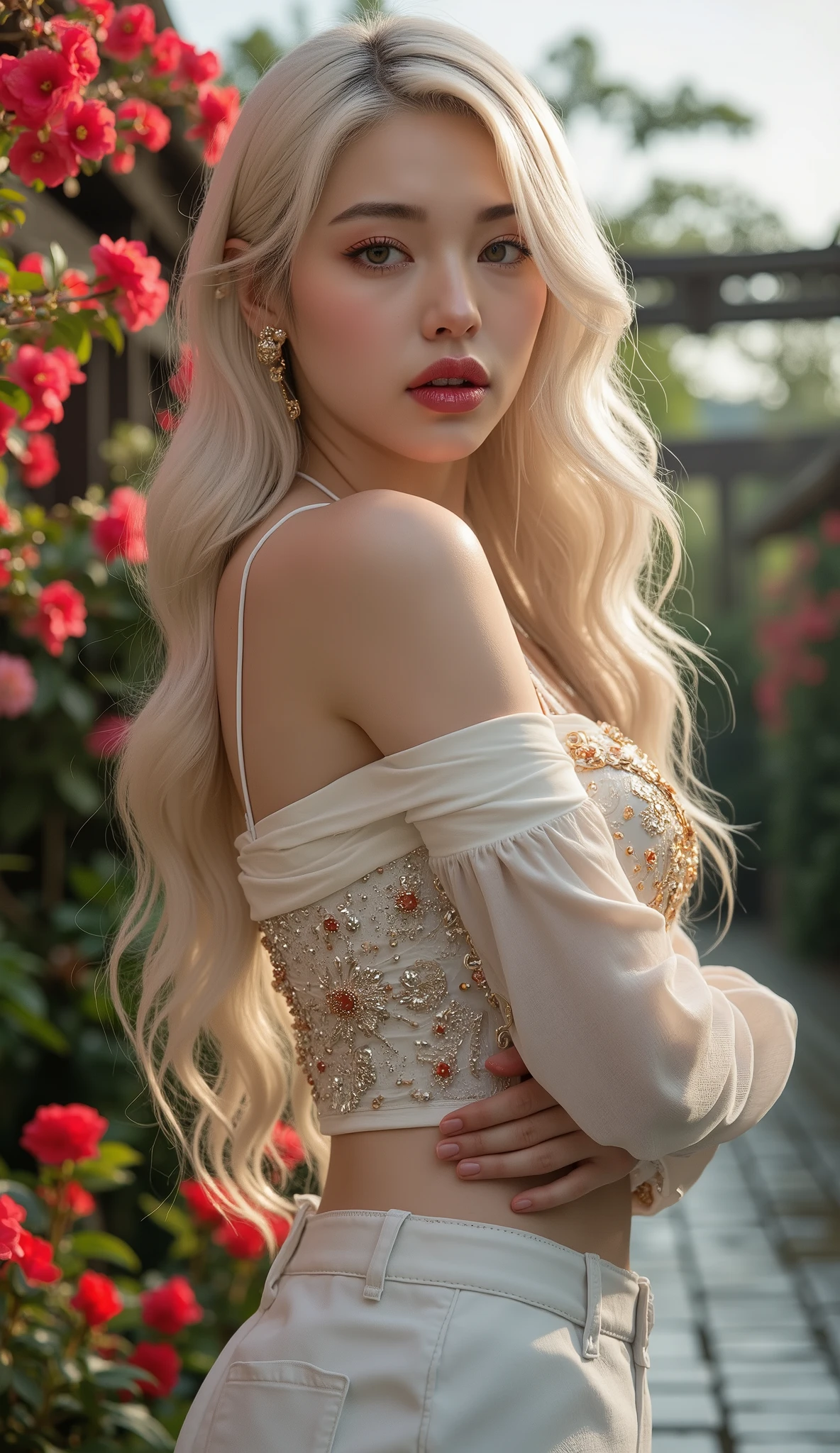  [Style: "masterpiece, realistic, (photorealistic Realism 16K Quality), ultra-detailed, UHD, Hyper high resolution" - "(Hyper quality, intricate ultra-detailed digital art)"] (Key Directive: - ("The priority is the anatomical accuracy and texture of the materials" - "Ultra-sharp human eyes with biological accuracy") {Character: "20-year-old white female" | Face: "symmetrical, pale skin, full lips, red lipstick: 1.15" | Eyes: "brown irises (hyper-detailed pupils:1.2), blue false lashes:1.28" | Hair: "waist-length white curly (setting light reflections: 0.5)" | Pose: "dynamic side position" Outfit: [Top: "white tight long-sleeved top (body-hugging, richly decorated: 0.9)"] [Bottom: "long pants ((low waist, tight, plain))"] Environment: "((photo from head to knee:1.3))" | "garden street at sunset (((rain-slick cobblestones), colorful flowers, cherry blossoms))" | Lighting: - ("Cinematic clarity and global illumination") Technical Specs: (DOF: "shallow, f/1.8, blurred crowd in background") (Post-Processing: "Specifications: (DPF: "deep, f/1.8, distinct garden in the background") (Post-production: "chromatic aberration: 0.7") (Rendering engine: "Unreal Engine 5 path tracing, 16K texture maps") The ultra-Highres,Unreal 5,Subsurface scattering,PBR Texturing,Post-Processing,Anisotropic Filtering,depth of fields,Maximum Sharpness and Sharpness,multi-layered texture,Albedo and Specular maps,Surface Shading,Precise simulation of light-material interactions,perfectly proportions,Octane rendering,Two-tone illumination,Wide Aperture, low ISO, white balance, The rule of thirds }