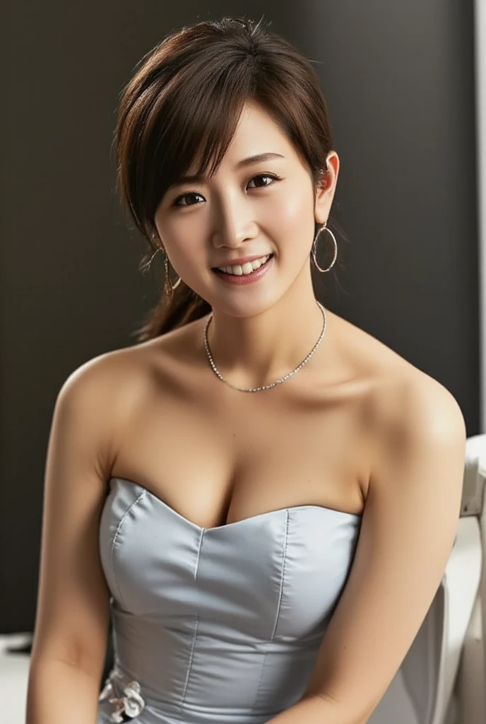 ((highest quality, 8k, masterpiece: 1.3)),Kind Face, Pararel eyebrows，pararel，smile, Natural Makeup, Clothing that emphasizes cleavage, refresh, Random Hairstyles，Flabby belly meat，Dimples,(((whole body,Crouching,Plump,)))