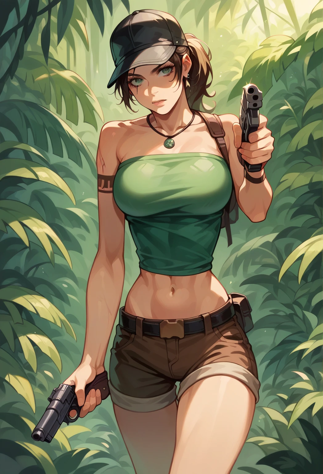 masterpiece, best quality, anime 1990s \(style\, leona heidern, no bra, fully open vest, thong ,jungle, pony tail, wet, serious, gloves, , sleeveless, belt, touching hair, dirty.