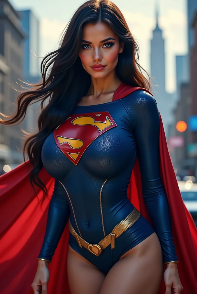 A SEXY TEEN FEMALE WITH GREY EYES AND LONG MESSY HAIR WEARING A CLASSIC SUPERMAN COSTUME AND CAPE. large breasts, incredibly detailed skin and eyes, seductive poses, 8K resolution, masterpiece, ultra-detailed, realistic, photo-realistic, vivid colors, dramatic lighting, cinematic composition