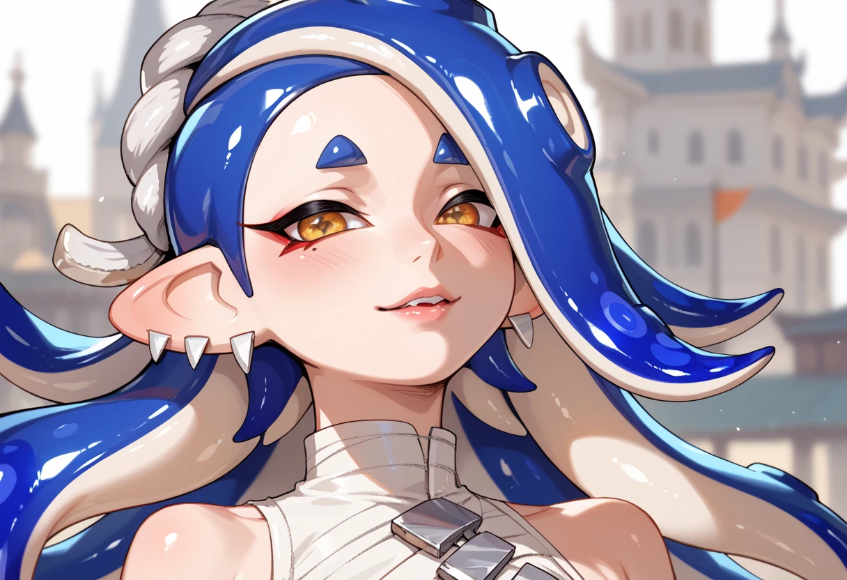 Masterpiece, very detailed drawing, professional illustration, cinematic lighting, light and shadow, detailed face, detailed eyes, one person, female, beautiful, dragon quest, priest, light blue hair, long hair, orange bodysuit, blue priest uniform, priest hat, fighting pose, full body sweating, outdoors, best shot, top Angle, Fighting with transparent tentacles