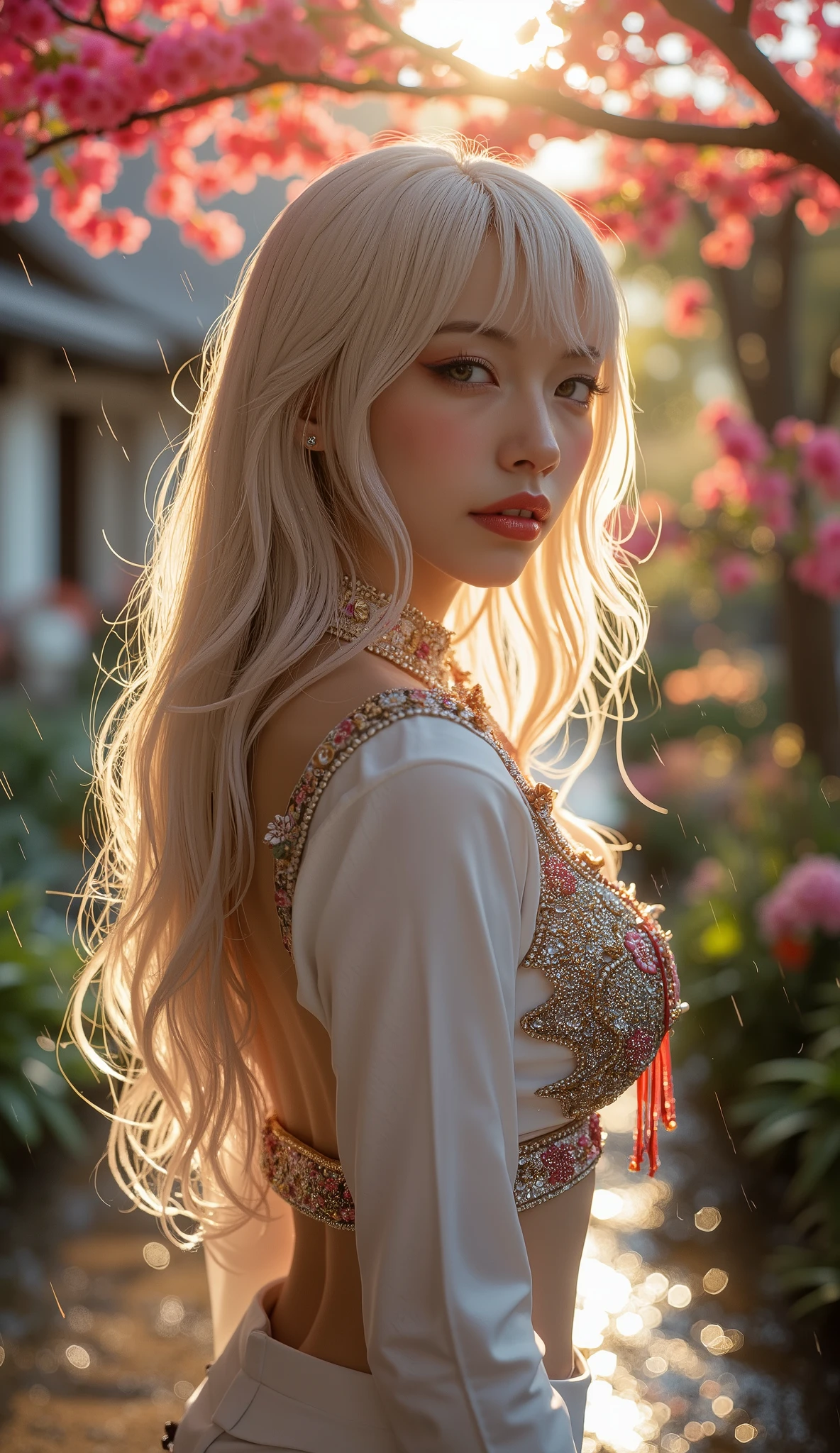  [Style: "masterpiece, realistic, (photorealistic Realism 16K Quality), ultra-detailed, UHD, Hyper high resolution" - "(Hyper quality, intricate ultra-detailed digital art)"] (Key Directive: - ("The priority is the anatomical accuracy and texture of the materials" - "Ultra-sharp human eyes with biological accuracy") {Character: "20-year-old white female" | Face: "symmetrical, pale skin, full lips, red lipstick: 1.15" | Eyes: "brown irises (hyper-detailed pupils:1.2), blue false lashes:1.28" | Hair: "waist-length white curly (setting light reflections: 0.5)" | Pose: "dynamic side position" Outfit: [Top: "white tight long-sleeved top (body-hugging, richly decorated: 0.9)"] [Bottom: "long pants ((low waist, tight, plain))"] Environment: "((photo from head to knee:1.3))" | "garden street at sunset (((rain-slick cobblestones), colorful flowers, cherry blossoms))" | Lighting: - ("Cinematic clarity and global illumination") Technical Specs: (DOF: "shallow, f/1.8, blurred crowd in background") (Post-Processing: "Specifications: (DPF: "deep, f/1.8, distinct garden in the background") (Post-production: "chromatic aberration: 0.7") (Rendering engine: "Unreal Engine 5 path tracing, 16K texture maps") The ultra-Highres,Unreal 5,Subsurface scattering,PBR Texturing,Post-Processing,Anisotropic Filtering,depth of fields,Maximum Sharpness and Sharpness,multi-layered texture,Albedo and Specular maps,Surface Shading,Precise simulation of light-material interactions,perfectly proportions,Octane rendering,Two-tone illumination,Wide Aperture, low ISO, white balance, The rule of thirds }