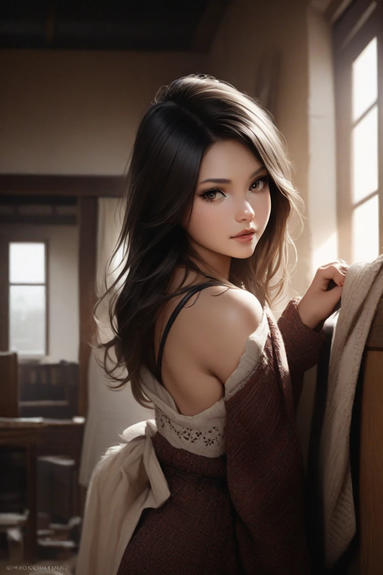 1girl 13 year old, solo, long hair, small breasts, looking at viewer, brown eyes, jewelry, necklace, off shoulder, skirt , skinny, lips, realistic, nose, flirting, cleavage, perfect eyes, squatting, tight panties, cameltoes