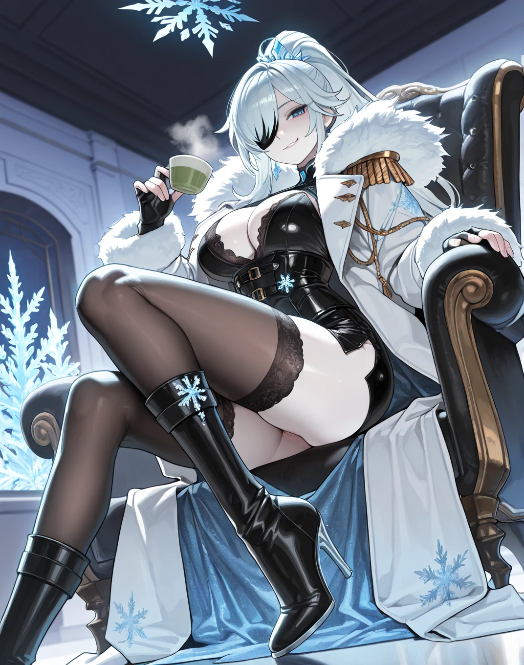 (masterpiece, best quality:1.2),illustration,8k,hd,1girl,solo,large breasts,blue eyes,long hair,avrora (azur lane),hat,pantyhose,black pantyhose,boots,belt,twin braids,braid,fur hat,white footwear,knee boots,white headwear,blush,fur trim,white hair,long sleeves,detached sleeves,bare shoulders,skirt,cleavage,bangs,cross-laced footwear,armpits,lace-up boots,ushanka,black belt,star (symbol),white skirt,ribbon,collarbone,hair between eyes,coat,<lora:Avrora(azur)>,