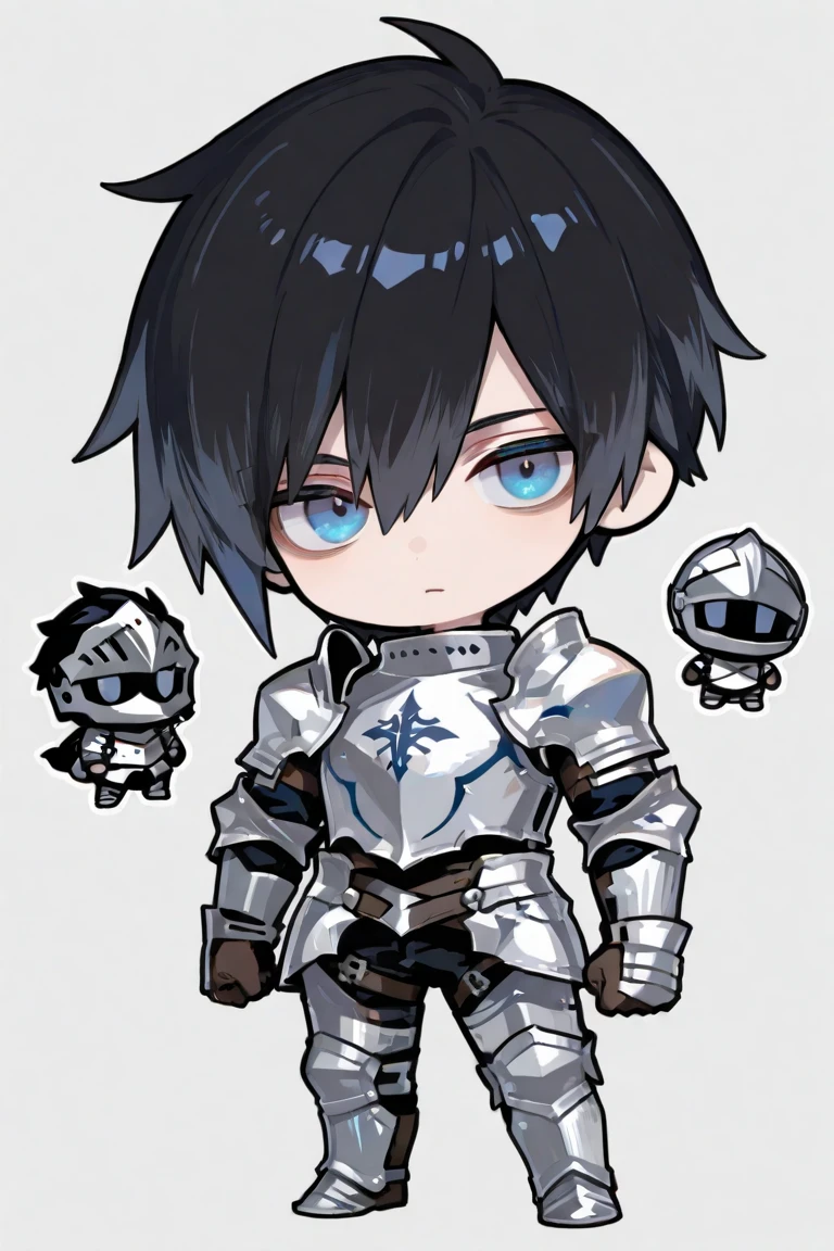 chibi,8k, 4k,chibi, 1boy, blue eyes, weapon, male focus, brown hair, sword, armor, fingerless gloves, gloves, solo, earrings, holding weapon, cape, full body, holding sword, holding, shoulder armor, jewelry, smile, looking at viewer, black gloves, pauldrons, over shoulder, short hair, standing, weapon over shoulder, boots, scar on face, scar, belt, closed mouth, breastplate,chibi