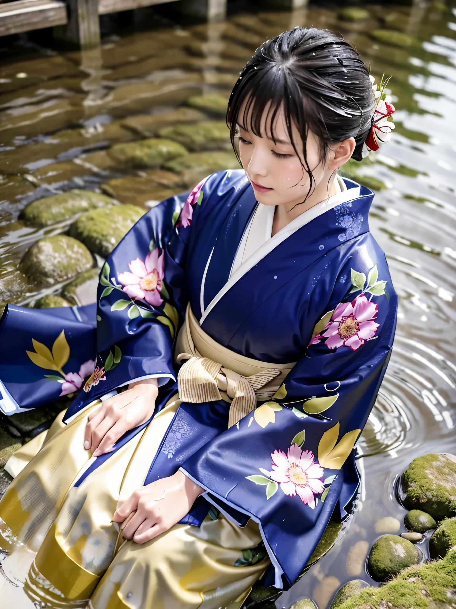 Realistic, furisode, hakama, long hakama, floral patterned kimono, wet clothes, soaking wet clothes, wet and shiny clothes, clothes with a wet texture, clothes that cling to the body, wet clothes, soaking wet, immersed in a river, sinking in a river, lying down, sitting, crawling on all fours