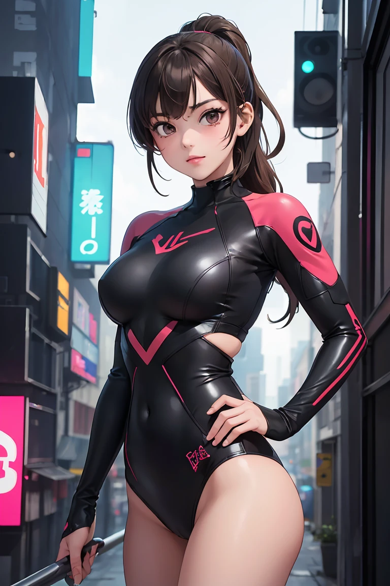 1 woman, solo, superhero, leotard, bare legs, boots, gloves, full body, standing, city backdrop, depth of field, cowboy shot, Aura, particles, age 21, heroic, hand on hip