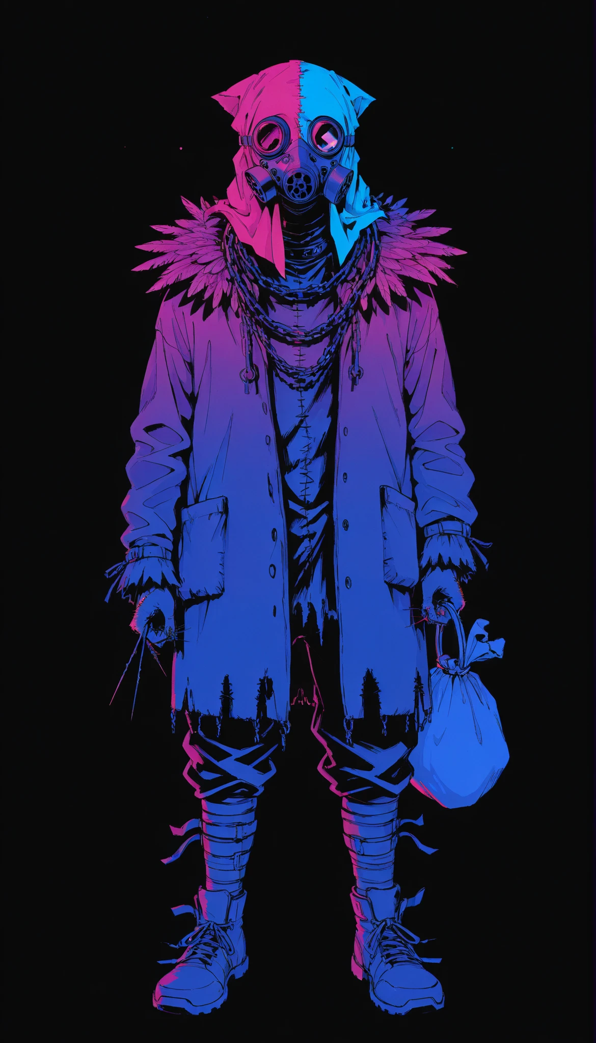 Feathered scarecrow,cloth bag on the head,((stitched )),gas mask,needles on the fingers,((crows)),chains,crows negros,limited palette , black background, colorful , Animated,brilliant contours,neon, black light ,