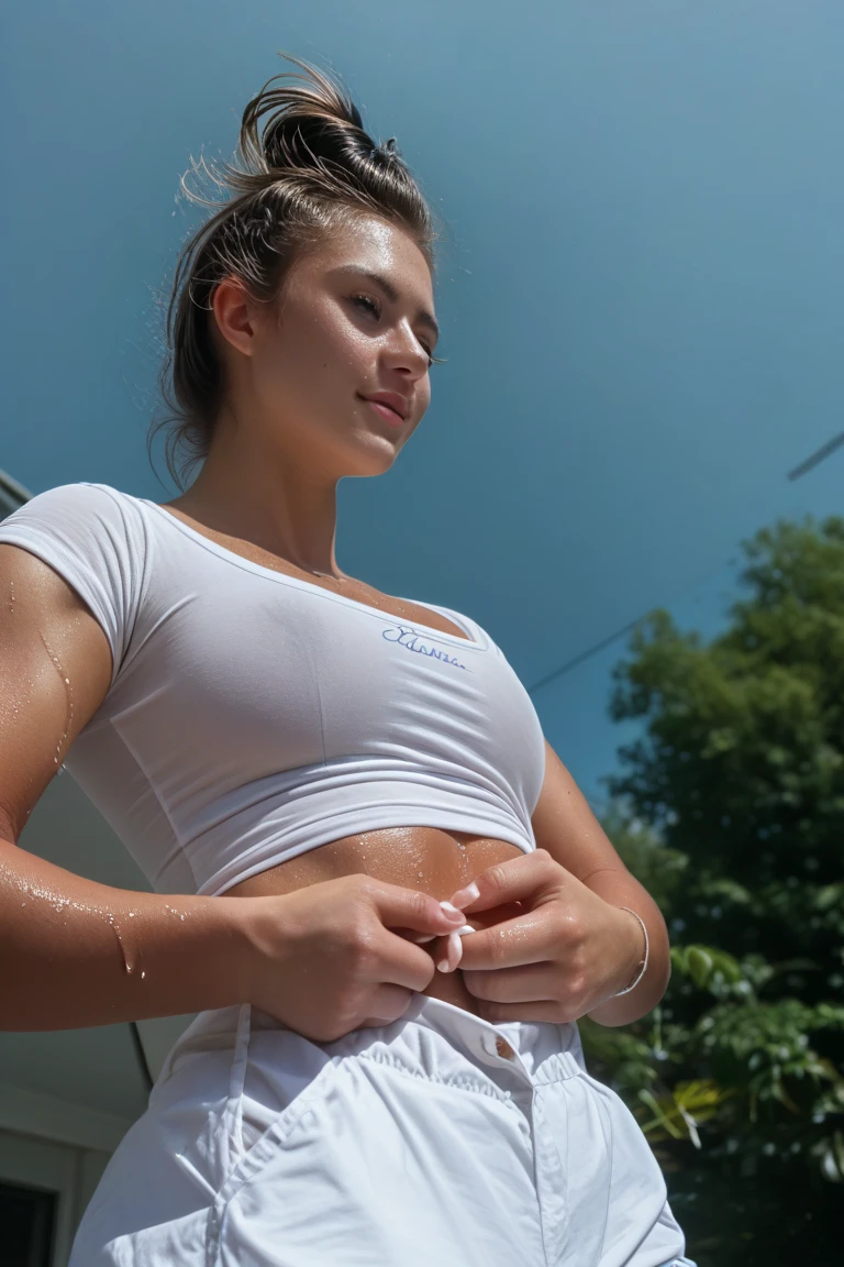 Maisie Williams in an outdoor setting, ((she is covered in sweat and semen)), (((underboob))), ((cameltoe 1.8)), subject in stark sun light, (masterpiece), (((oversized tank top, clothes soaked))), ((chubby body)), (micro shorts), short hair, ((armpit visible)), ((her butt is hanging out of her bottoms)), ((subject outside)), legs exposed, ((wool socks, high top trainers))