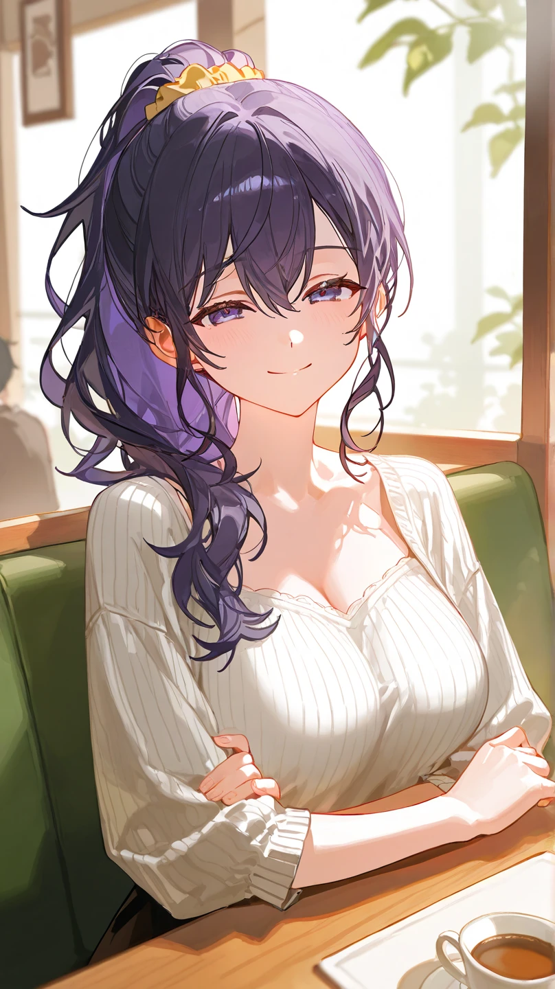 1girl, violet eyes, black silver gradient hair, long hair, decent large breast, sinister smirk, white tank top, black gym short living room, on sofa, looking at the viewer, masterpiece, best quality, very aesthetic, absurdres, newest, intricate details, intricate, (SuperQuality:1.0) ~ (SuperQuality:1.2)