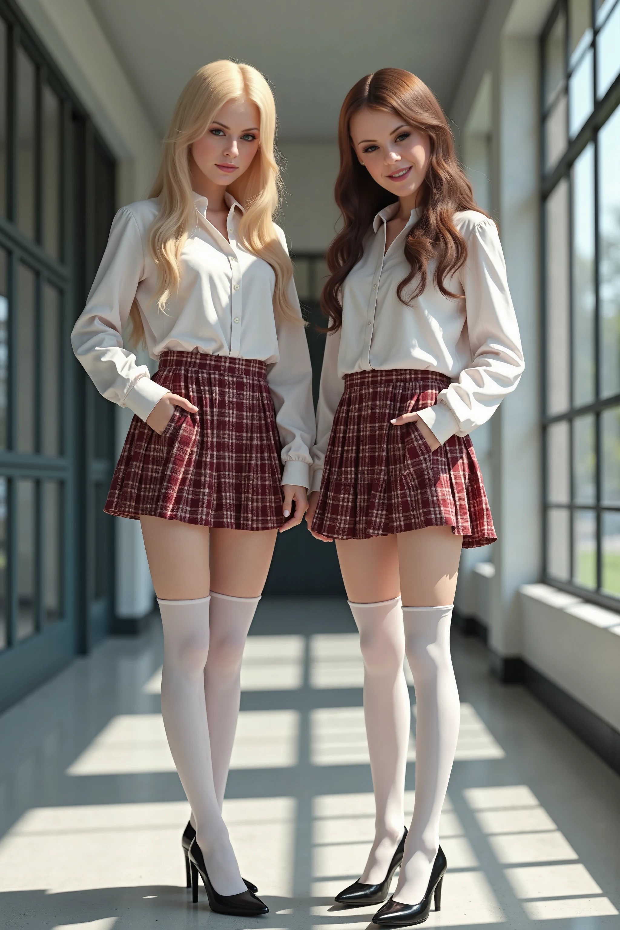 Two young women are posing in stylish schoolgirl outfits featuring white long-sleeve shirts paired with short plaid micro skirts, barely covering their buttocks — the one on the left in pink and black, the other in blue and black. Both are wearing thigh-high white stockings and black high heels. The woman on the left has long, straight blonde hair and is standing with her hands on her hips, while the woman on the right has long, wavy brown hair with one hand holding the skirt. The setting appears to be an indoors University's windowed lockers' corridor, illuminated by the daylight through the windows. Extremely detailed and realistic natural skin with skin pores, perfect face and hands, highly detailed face and lips, highly detailed eyes, highly detailed hands. Ray tracing, 16k, UHD, HDR, DSLR, photorealistic, masterpiece, award winning.