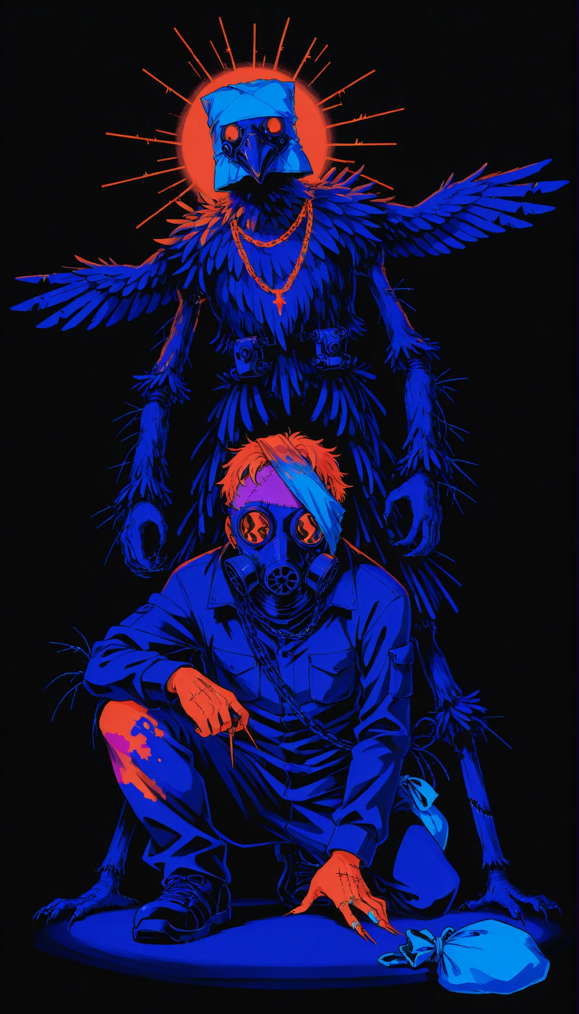 Feathered scarecrow,cloth bag on the head,((stitched )),gas mask,needles on the fingers,((crows)),chains,crows negros,limited palette , black background, colorful , Animated,brilliant contours,neon, black light ,