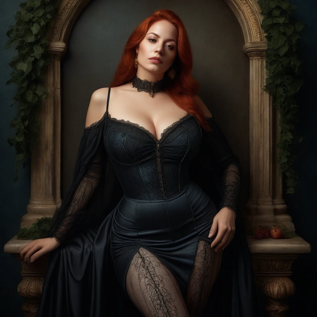 A captivating close-up image of a 30-year-old woman with vivid red hair and an enchanting gothic style. Her gothic attire accents her eloquent decollete, adorned with exquisite jewelry like a lapel pin and an intricate flook. Zaha Hadid-inspired artistic elements add an elegant touch to the photo, making it an alluring estate agent listing image of a charismatic and glamorous author. Detailed facial features reveal expressive eyes, finely detailed skin with a pale complexion, captured using a Canon EOS R5, 85mm lens, F/1.4, with pr
