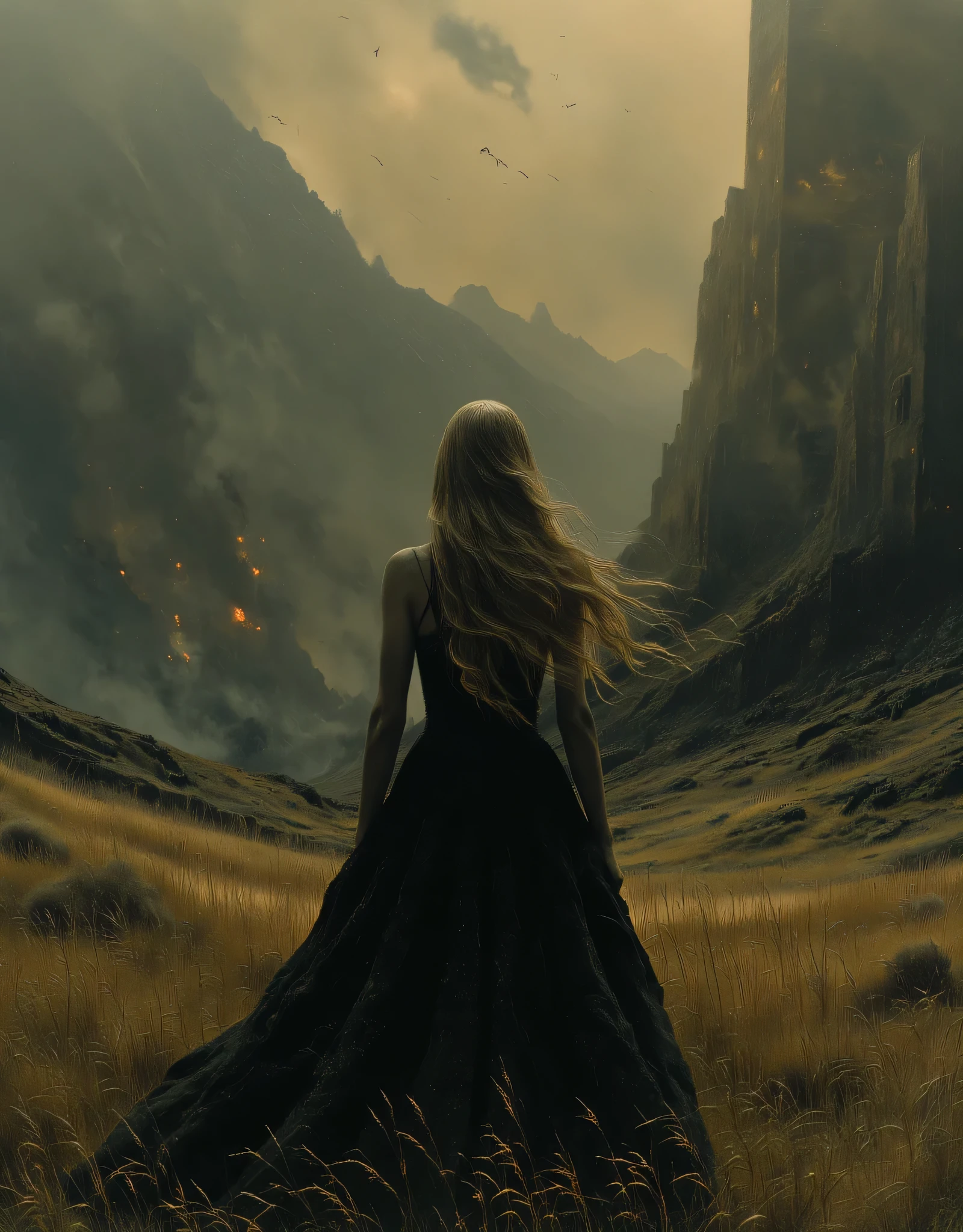((best quality)), ((Masterpiece)), (Highly detailed:1.3), 1 girl, long blonde hair, black dress, full body, standing with her back turned, looking at the horizon, in a destroyed meadow, apocalyptic background, meteorites raining down, the sky is dark, there is fire, (very complex and realistic texture: 1.2), (best quality, 4k, 8k, high resolution, Masterpiece:1.2), ultra detailed, (realistic, photorealistic, photo-realistic:1.37),