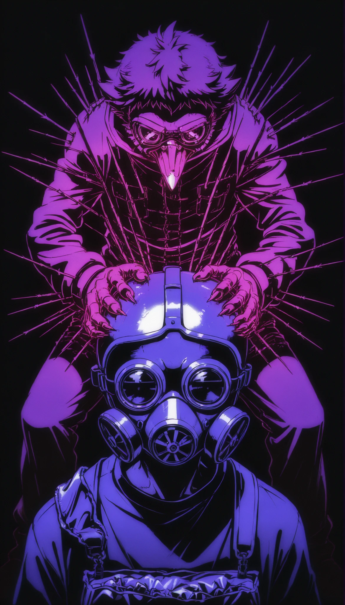 Feathered scarecrow,cloth bag on the head,((stitched )),gas mask,needles on the fingers,((crows)),chains,crows negros,limited palette , black background, colorful , Animated,brilliant contours,neon, black light ,